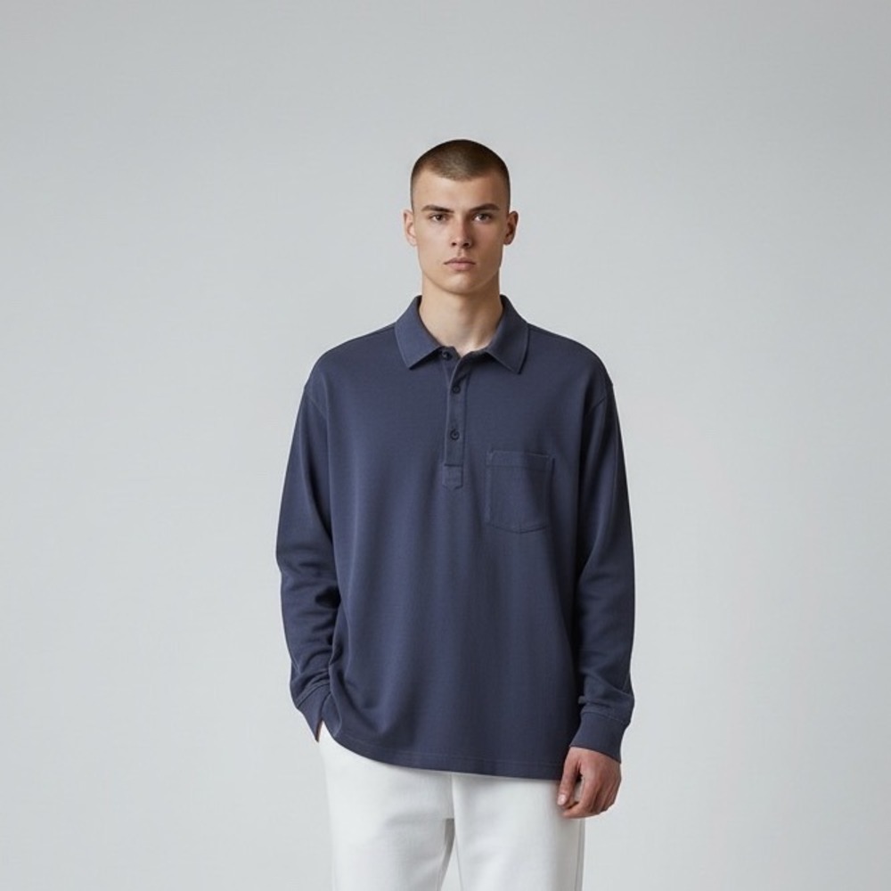 Roundtree & Yorke Dark Henley Blue Polo Shirt Long Sleeve Men Large